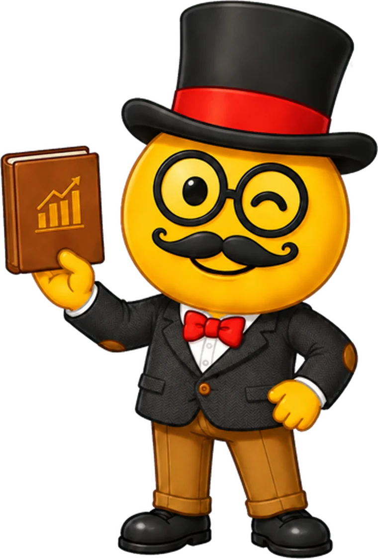 Dr. Economisto, the top-hatted professor who teaches every lesson, holding an economics book